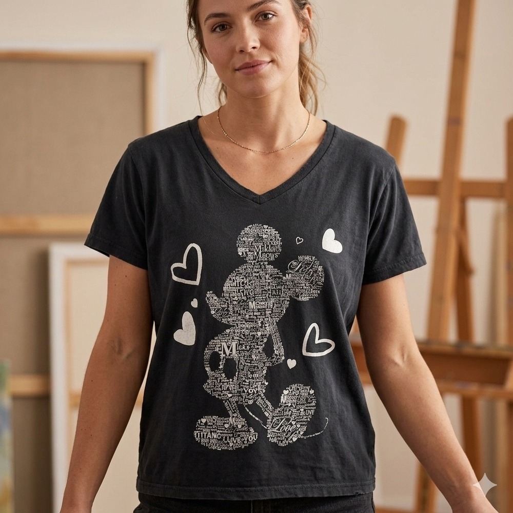 Disney‎ Store Womens Size XL Mickey Mouse T-Shirt Typographic Graphic Tee Black